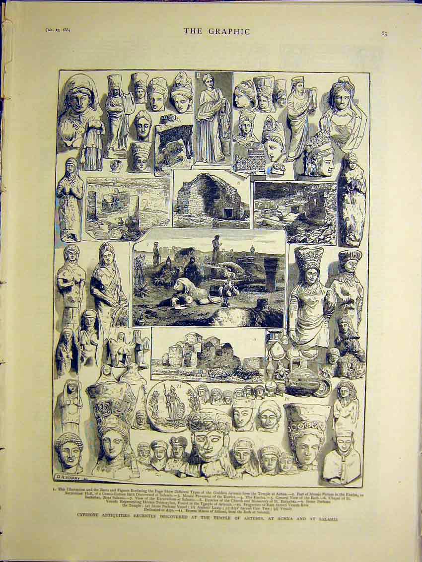 Old Antique Print Cypriote Antiquities Temple Artemis Achna Salamis 1884 19th