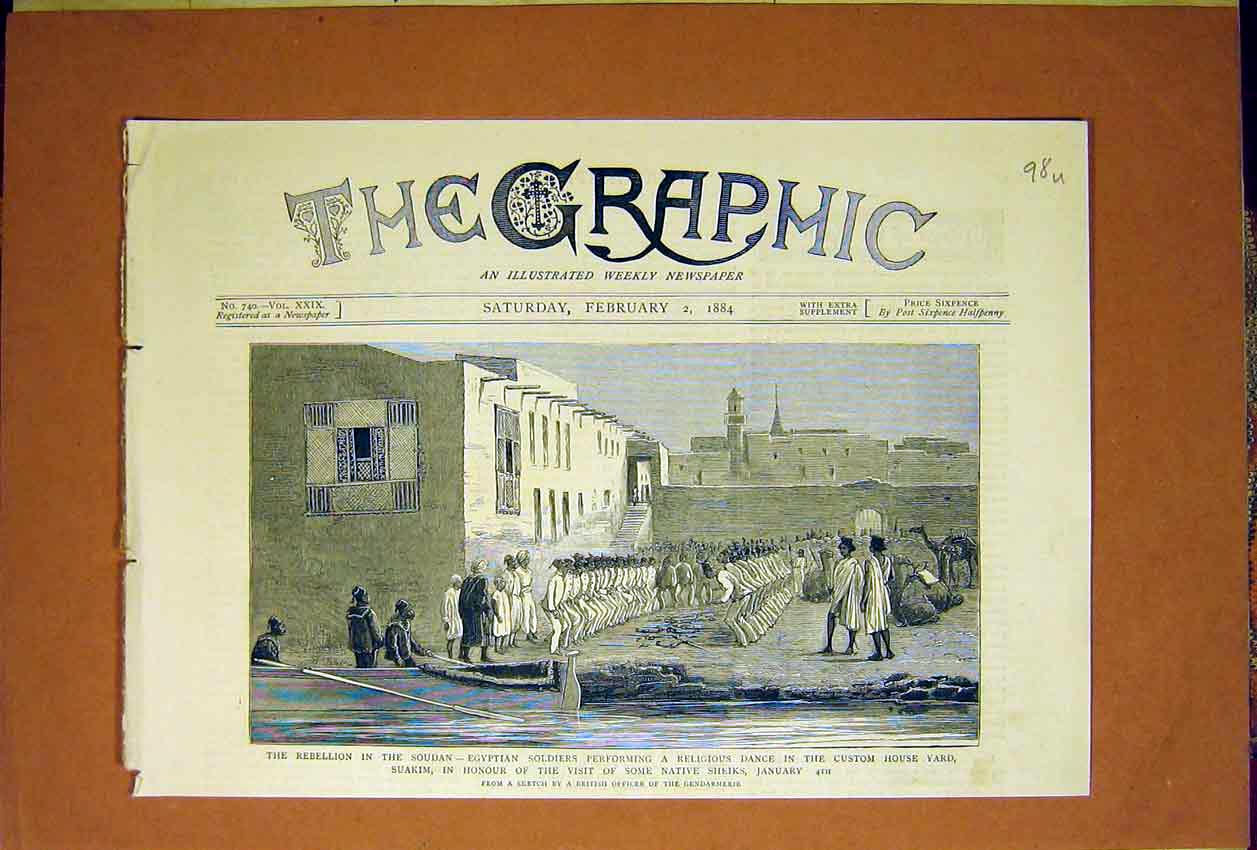 Original Old Antique Print Rebellion Soudan Egyptian Siers Religious Dance 1884