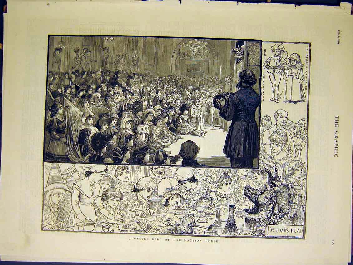 Original Old Antique Print Juvenile Ball Mansion House Staniland 1884 Victorian