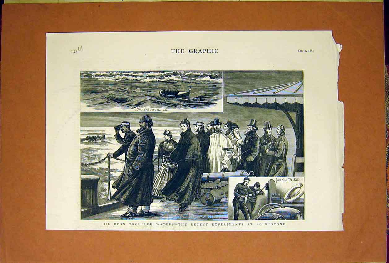 Original Old Antique Print Experiments Folkestone Boat Oil Water Sea 1884 19th