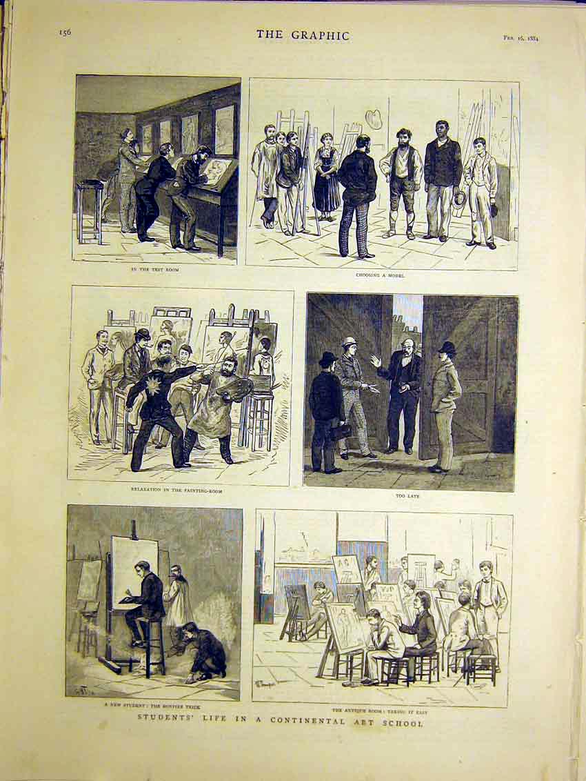 Original Old Antique Print Continental Art School Student Life Sketches 1884