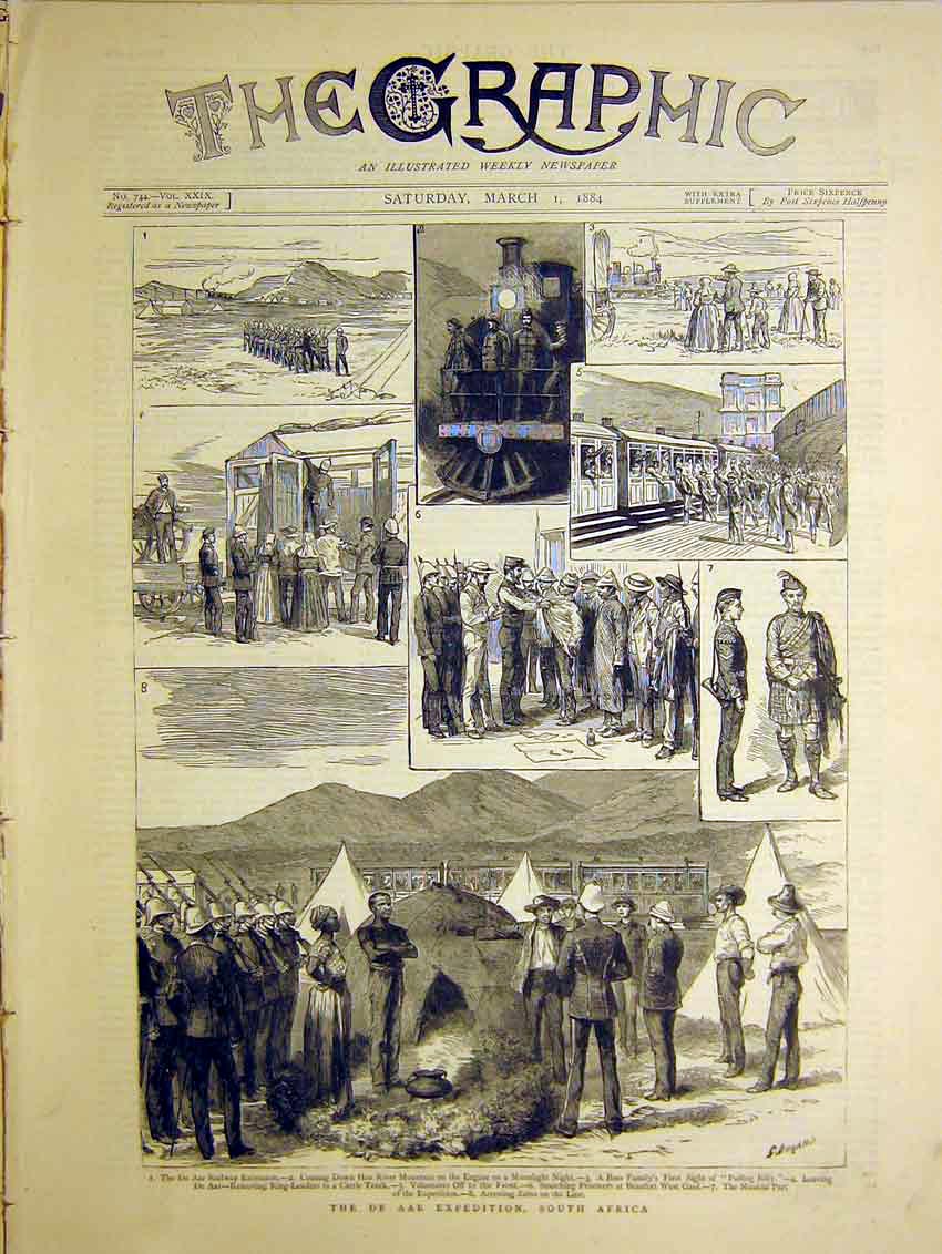 Original Old Antique Print De Aar Expedition South Africa Railway Zulu 1884 19th