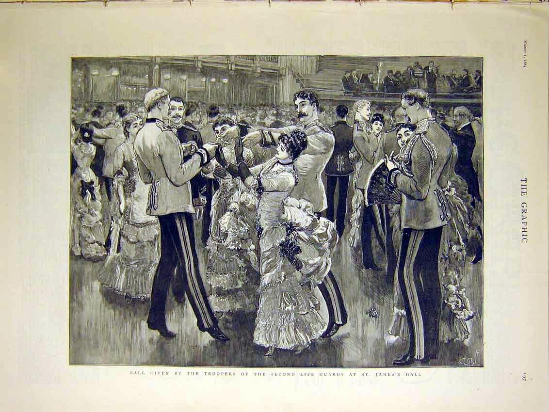 Original Old Antique Print Ball Troopers Second Life Guards St James'S Hall 1884