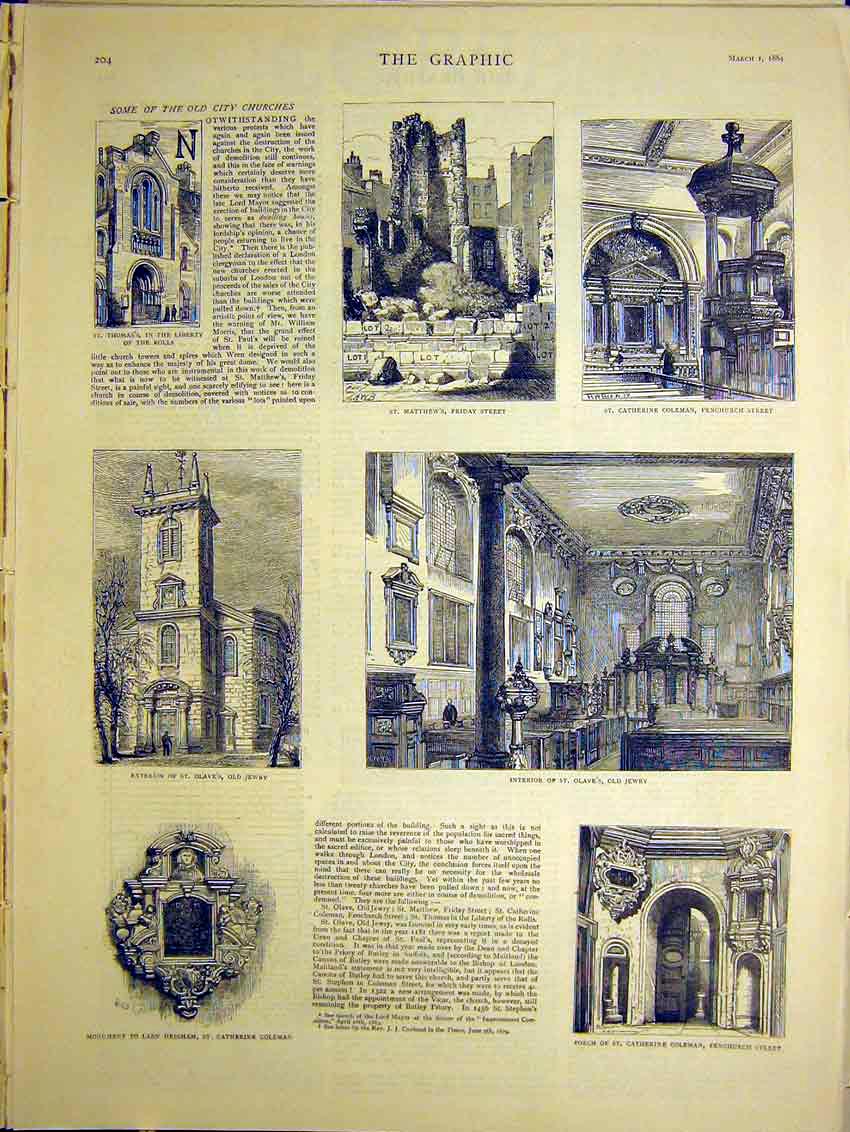 Original Old Antique Print Church City St Thomas Matthew Catherine Coleman Olave