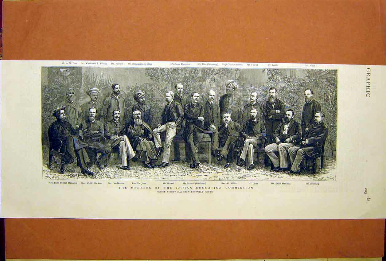 Old Antique Print Members Group Portrait Indian Education Commission 1884 19th
