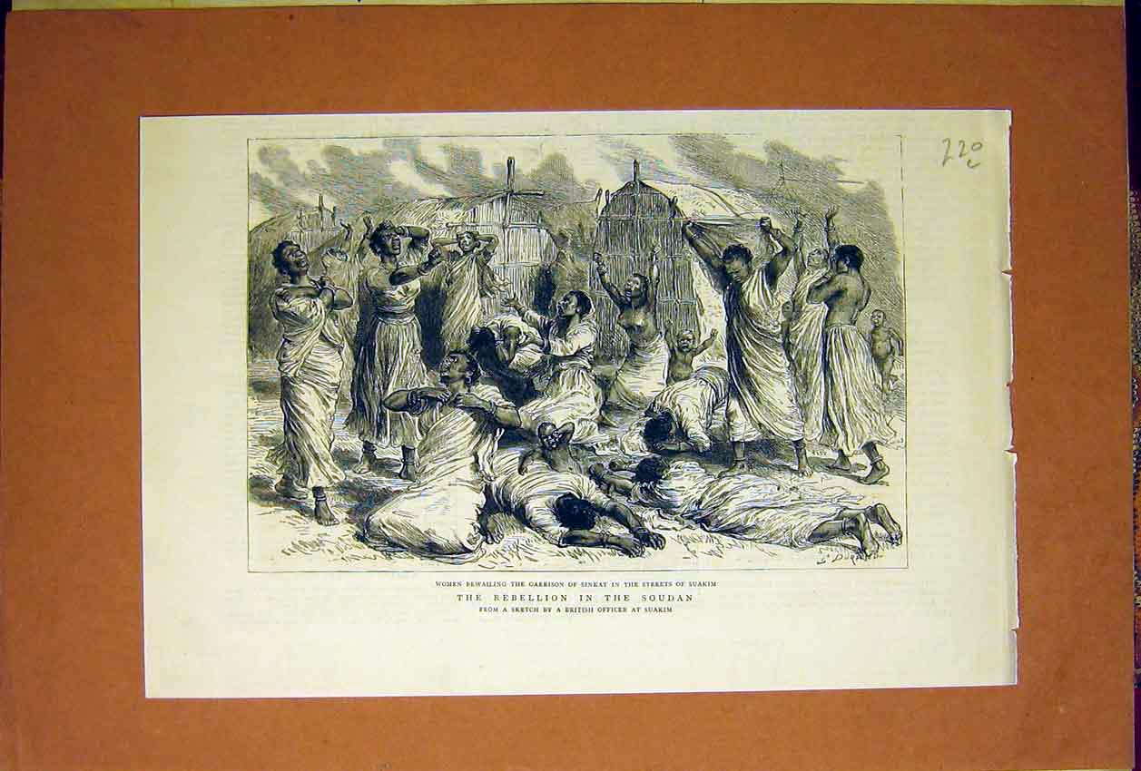 Original Old Antique Print Rebellion Soudan Sinkat Suakim Street Sketch 1884
