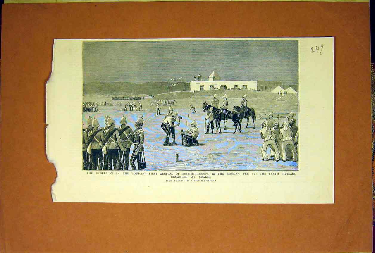 Original Old Antique Print Soudan Rebellion British Troops Suakim Hussars 1884
