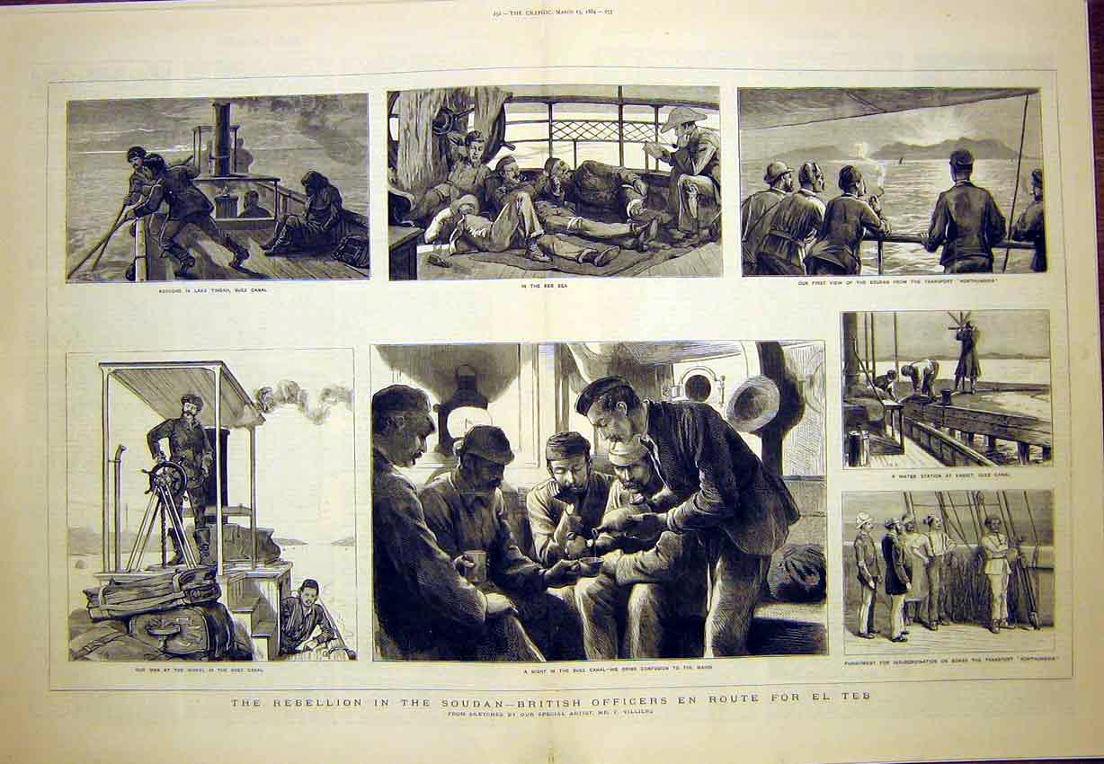 Original Old Antique Print Soudan Rebellion British Officers Teb Suez 1884 19th