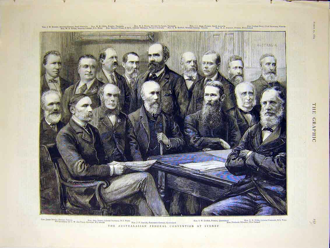 Old Antique Print Group Portrait Federal Convention Sydney Australia 1884 19th