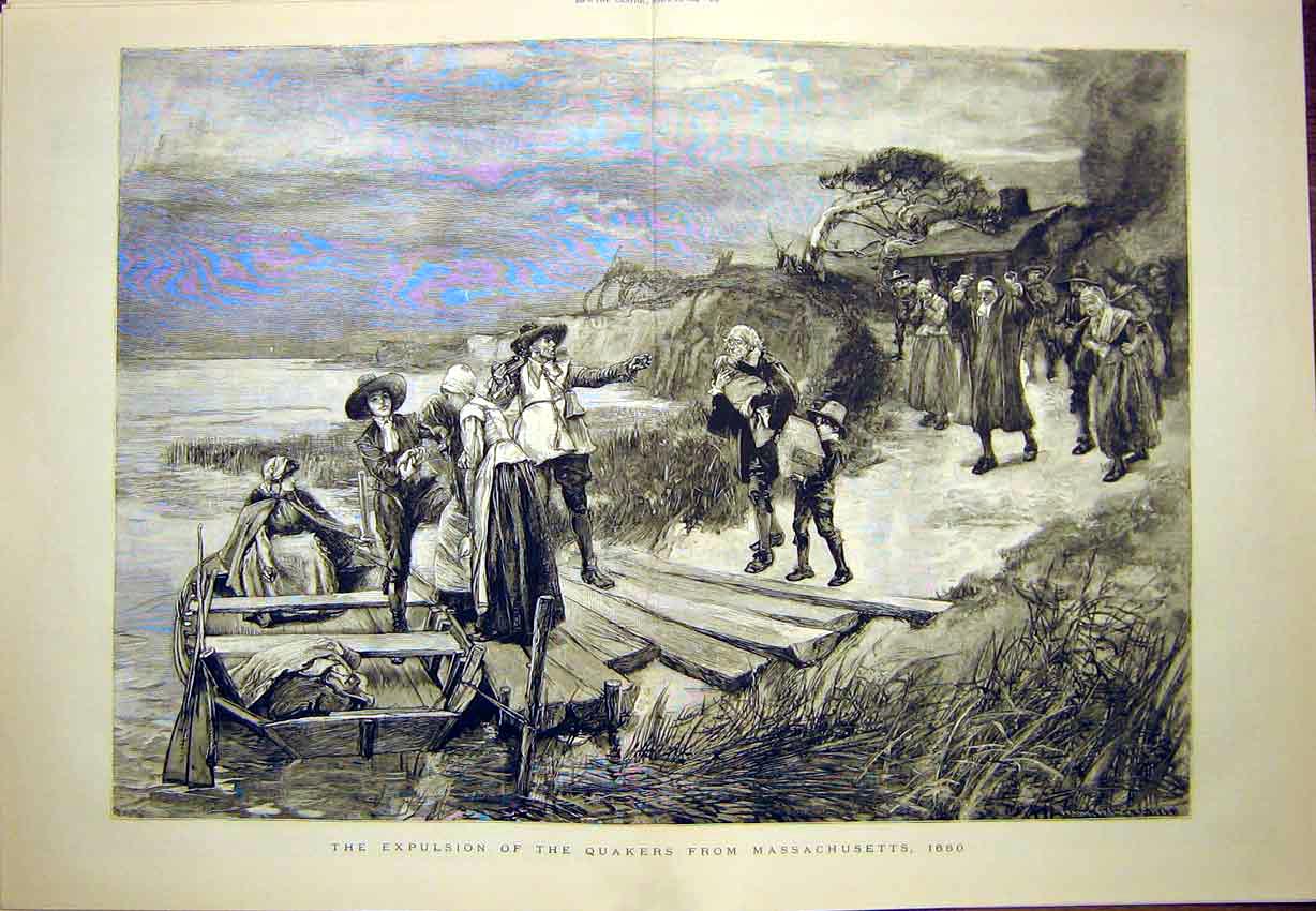 Original Old Antique Print Quakers Expulsion Massachusetts America 1884 19th