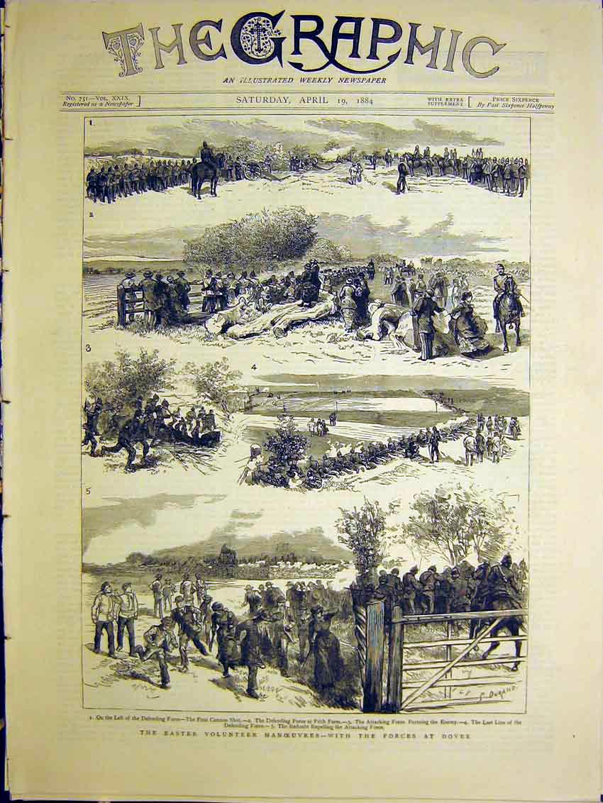 Original Old Antique Print Easter Volunteer Manoeuvres Forces Dover 1884 19th