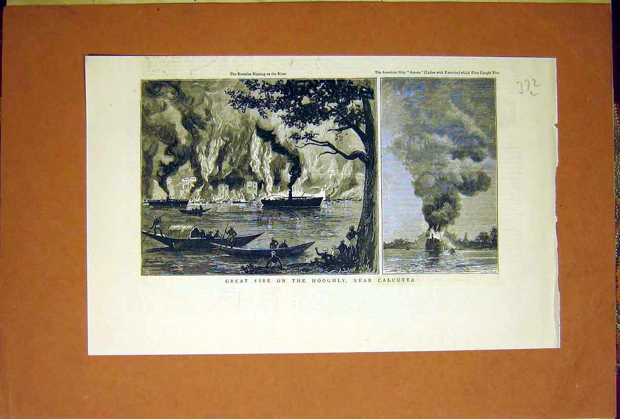 Original Old Antique Print Great Fire Hooghly River Calcutta 1884 Victorian