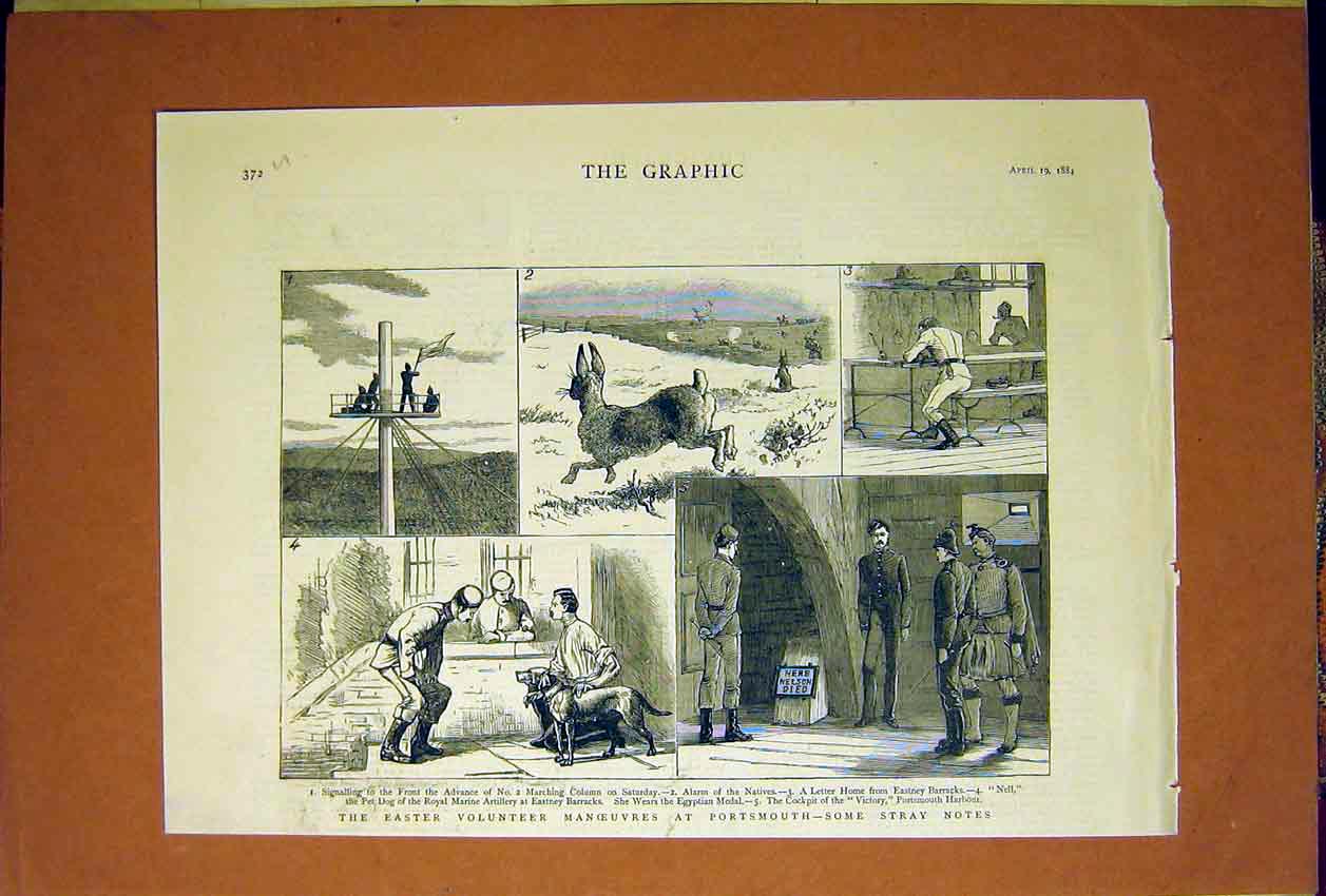 Original Old Antique Print Easter Volunteer Manoeuvres Portsmouth Sketches 1884