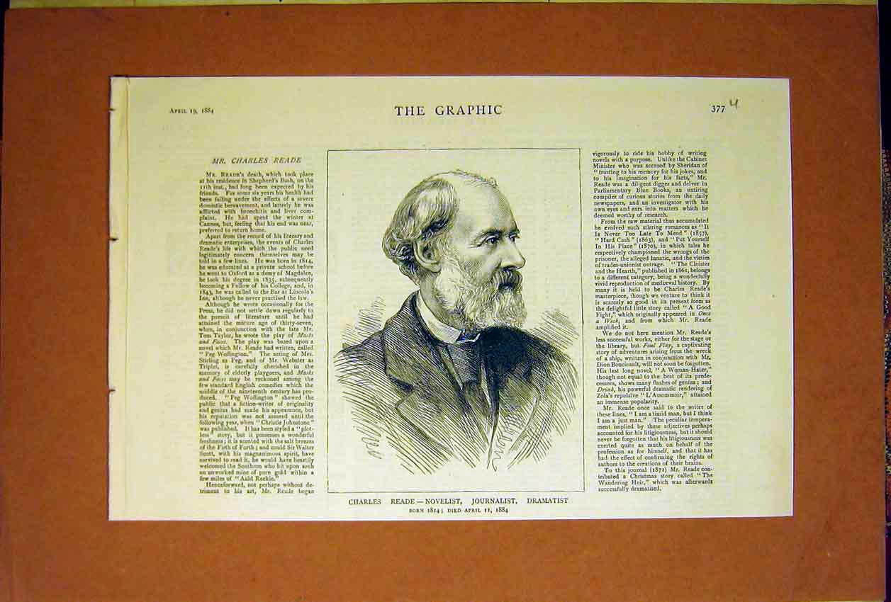 Original Old Antique Print Portrait Read Novelist Journalist Dramatist 1884