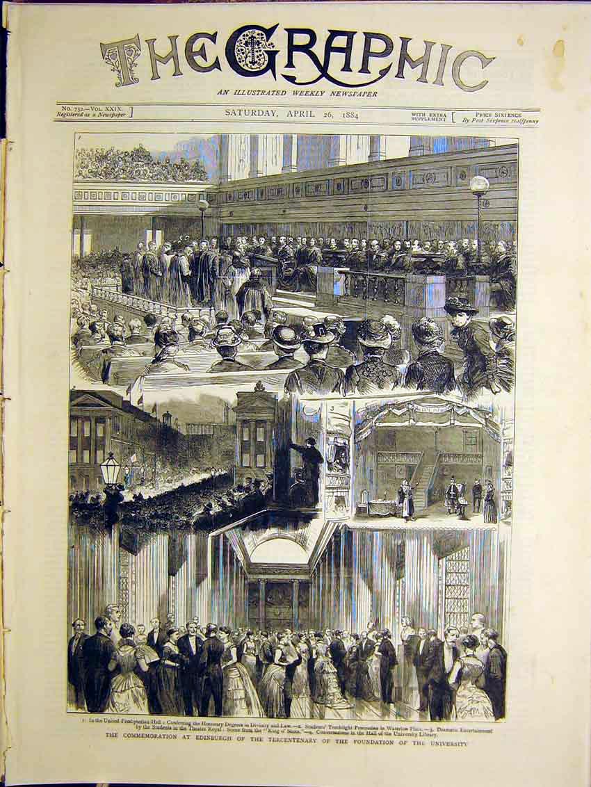 Old Antique Print Edinburgh University Presbytarian Hall Procession 1884 19th