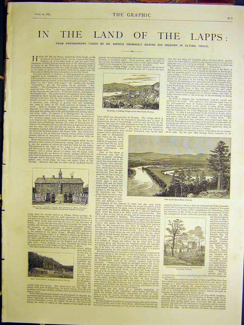 Original Old Antique Print Lapps Ultima Thule Norway Sketches Church 1884 19th