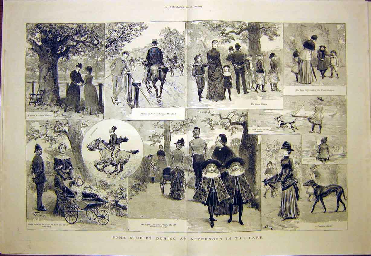 Old Antique Print Park Afternoon Sketches Children Ladies Horse Dog 1884 19th