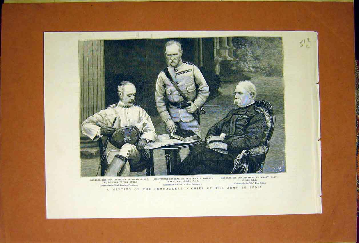 Original Old Antique Print Commanders Army India Hardinge Roberts Stewart 1884
