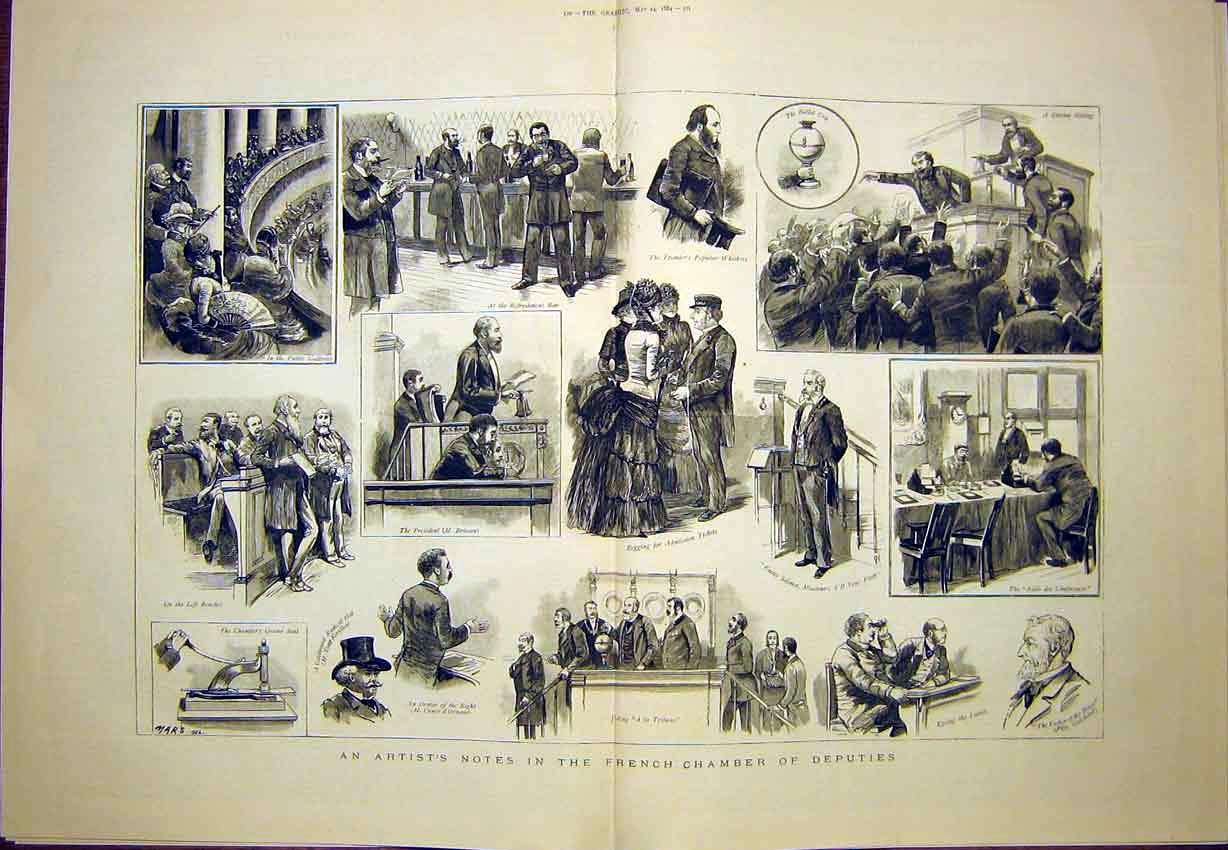 Old Antique Print French Chamber Deputies Sketches Orator President 1884 19th