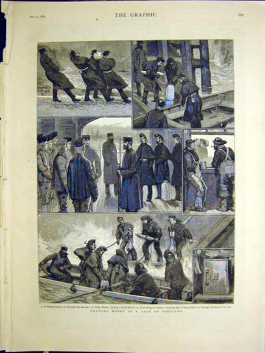 Original Old Antique Print Money Gale Portland Sailors Ship Boat 1884 Victorian