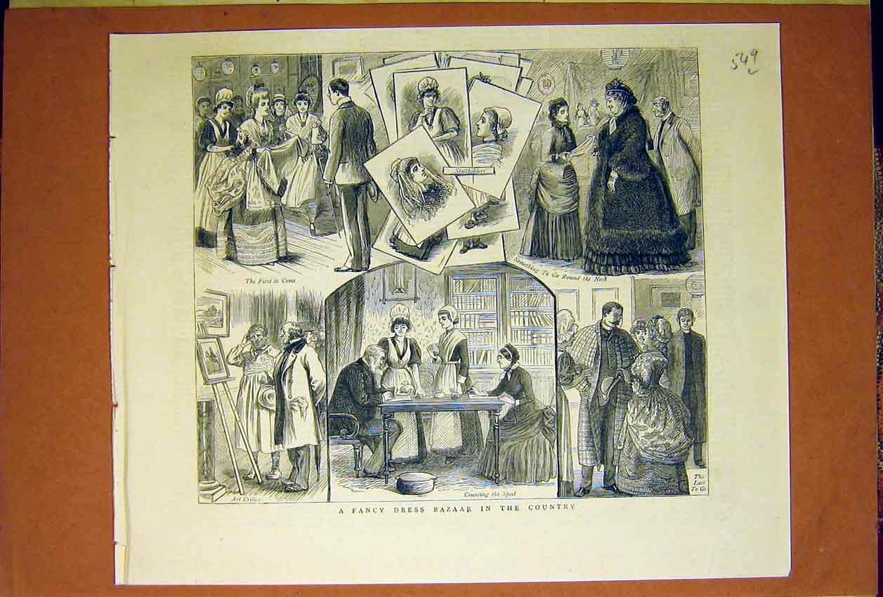 Original Old Antique Print Fancy Dress Bazaar Country 1884 19th