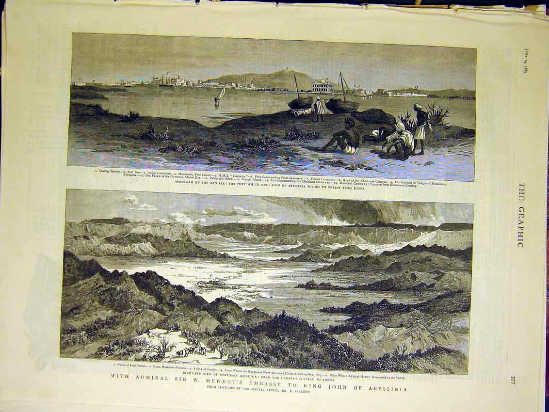 Original Old Antique Print Hewett King John Abyssinia Massowah Adowa 1884 19th