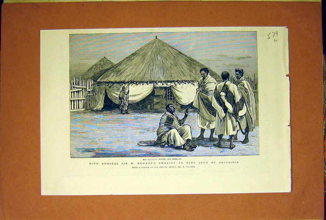 Original Old Antique Print Hewett Embassy King John Abyssinia Villiers 1884