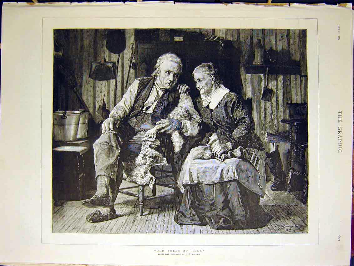 Original Old Antique Print Folks Home Brown Fine Art 1884 Painting Victorian