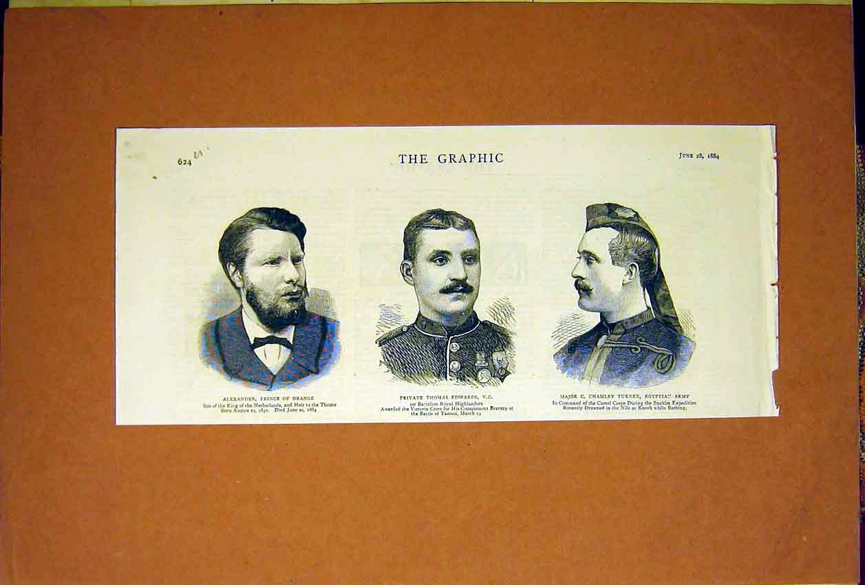 Original Old Antique Print Portrait Prince Orange Edwards Turner Army 1884 19th