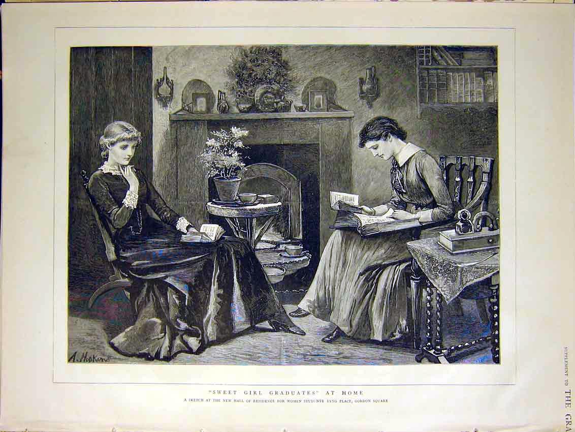 Original Old Antique Print Girl Graduates Women Students Byng Gordon Square 1884