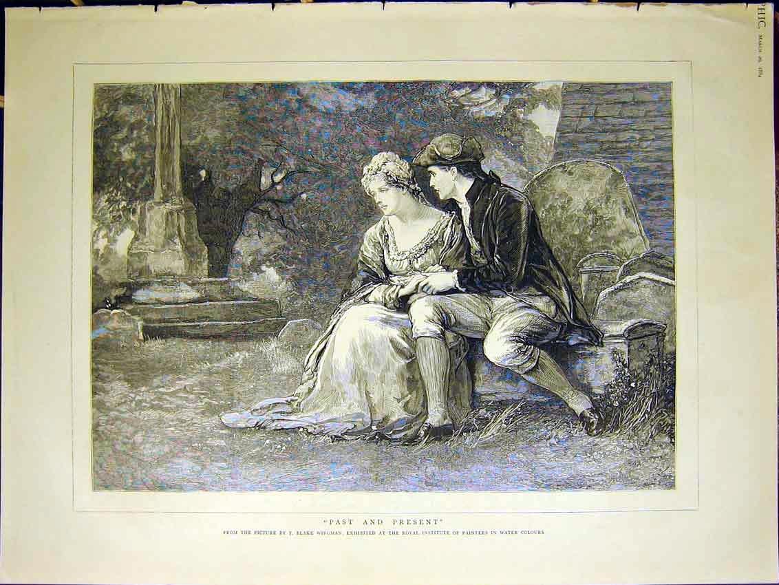 Original Old Antique Print Past Present Wirgman Lady Man Garden Fine Art 1884