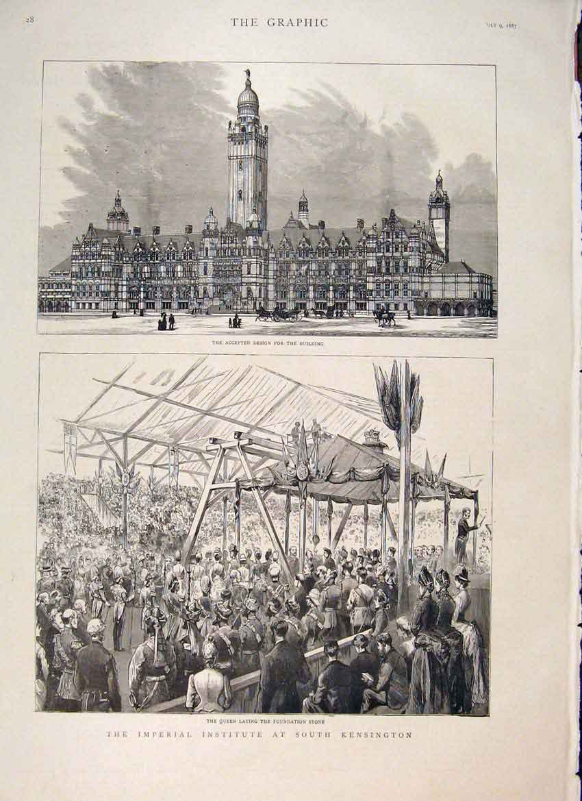 Original Old Antique Print Building Design Imperial Institute Kensington 1887