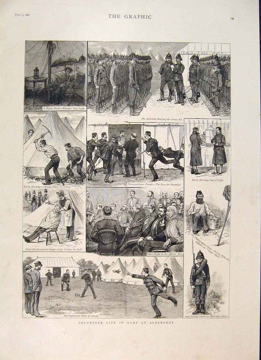Original Old Antique Print Volunteer Life Camp Aldershot Military 1887 Victorian