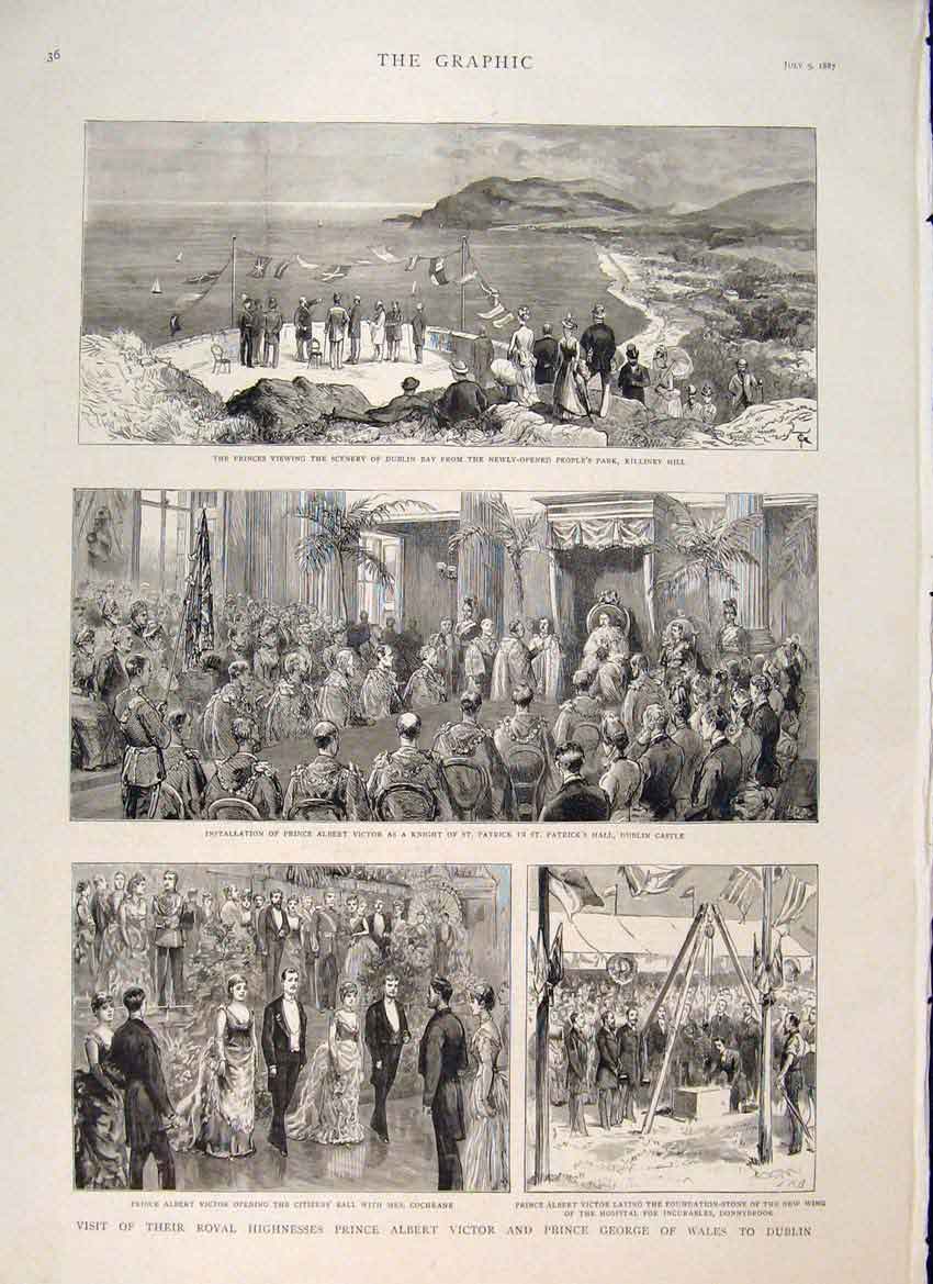 Original Old Antique Print Dublin Ireland Prince Victor George Wales Castle 1887