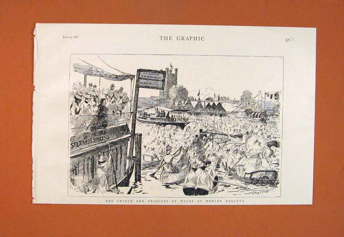 Original Old Antique Print Prince Princess Wales Regatta Henley Boats 1887 19th