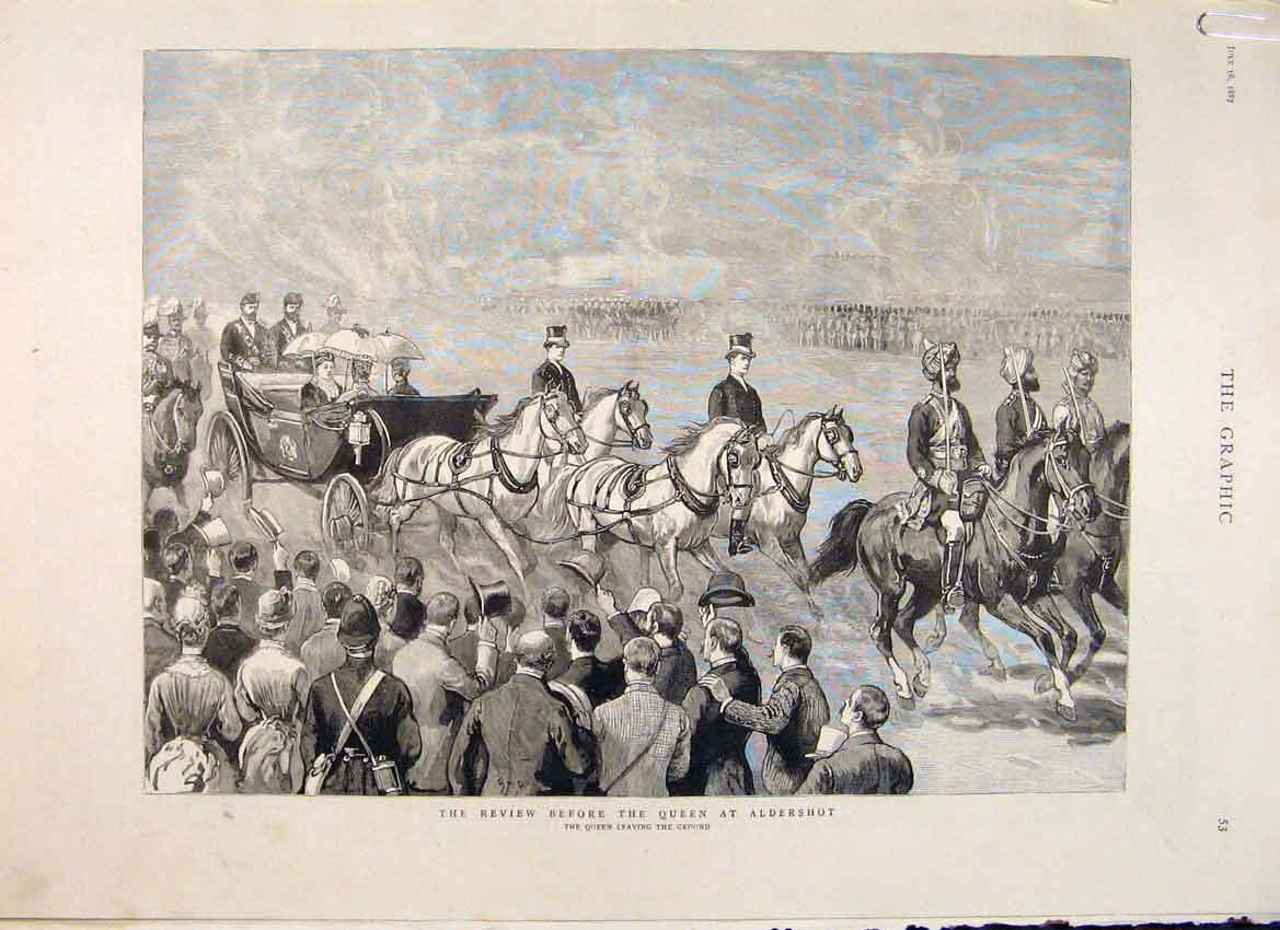 Original Old Antique Print Review Queen Aldershot Sketches Military 1887 19th