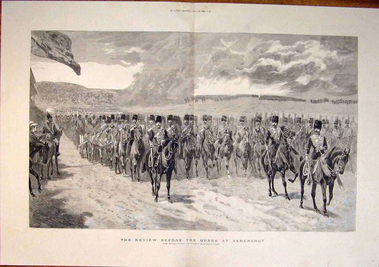 Original Old Antique Print Review Queen Aldershot Royal Horse Artillery 1887