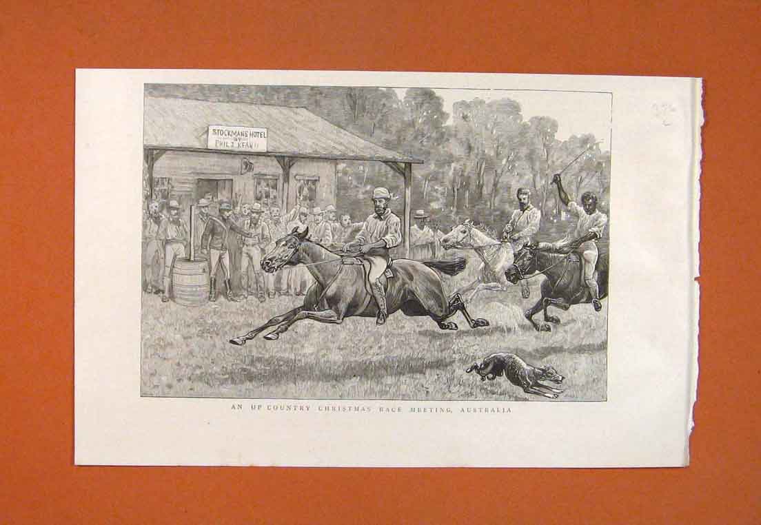 Original Old Antique Print Christmas Race Australia Stockman'S Hotel Horse 1887