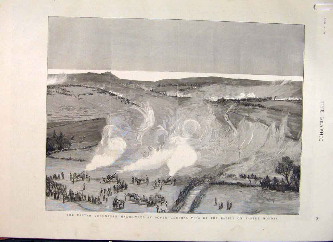 Original Old Antique Print Easter Volunteer Manoeuvres Dover Battle 1887 19th