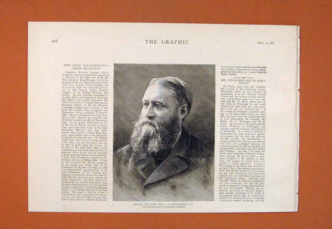 Original Old Antique Print Portrait Colonel King-Harman Parliament Ireland 1887