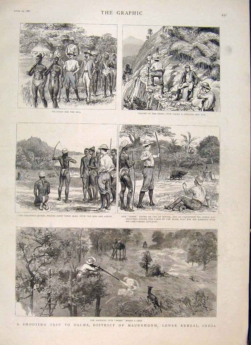 Original Old Antique Print Shooting Trip Dalma Bengal India Deer Maunbhoom 1887