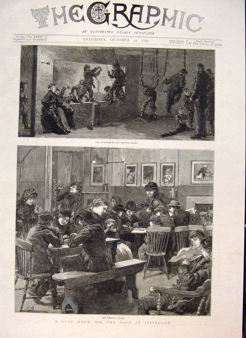 Original Old Antique Print Play Room Poor Islington Gymnasium Skittle Alley 1887