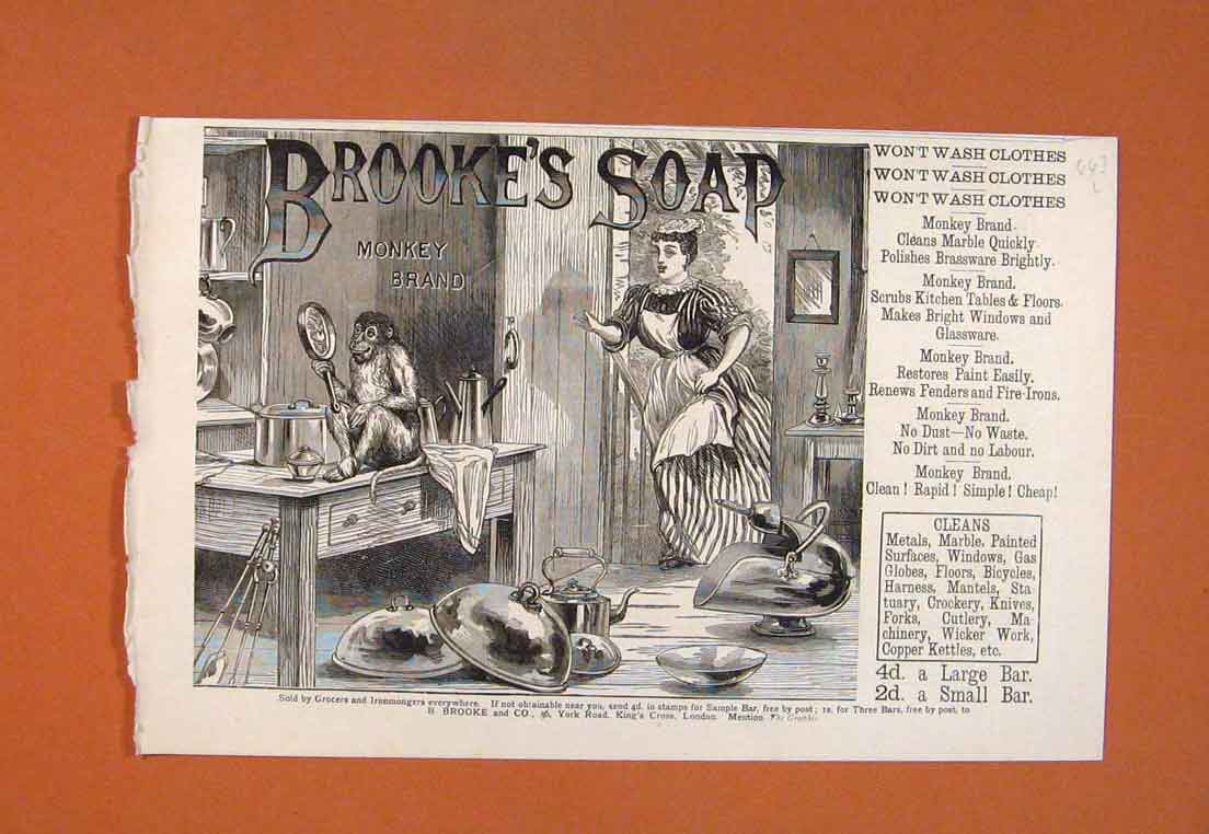 Original Old Antique Print Advert Advertisement Brooke'S Soap Monkey Brand 1887