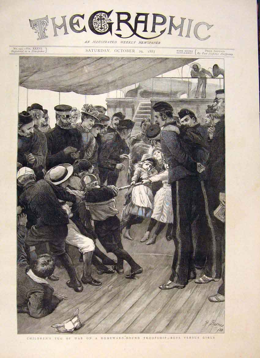 Original Old Antique Print Children Games Tug-Of-War Troopship Boys Girls 1887