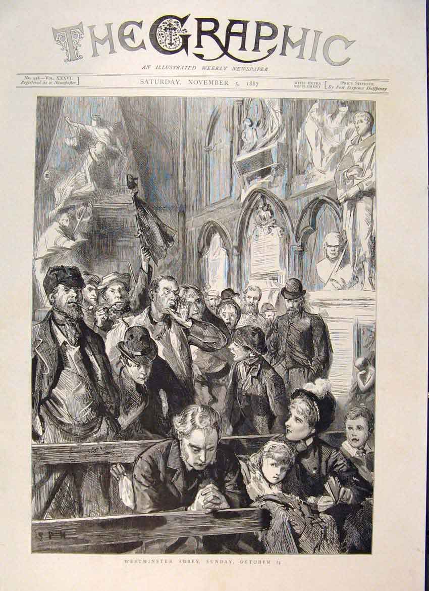 Original Old Antique Print Westminster Abbey Church Cathedral Service 1887 19th