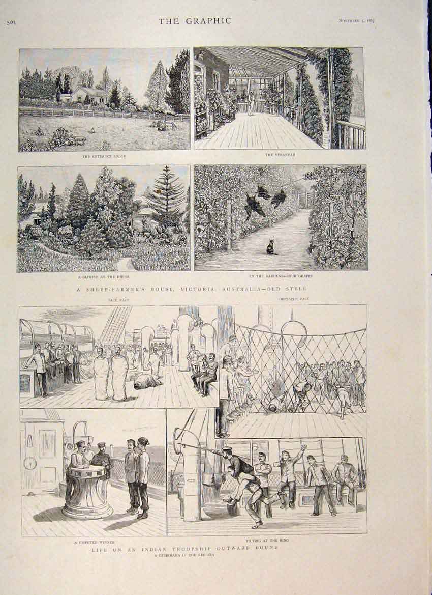 Original Old Antique Print Indian Troopship Gymkhana Sheep Farm Australia House