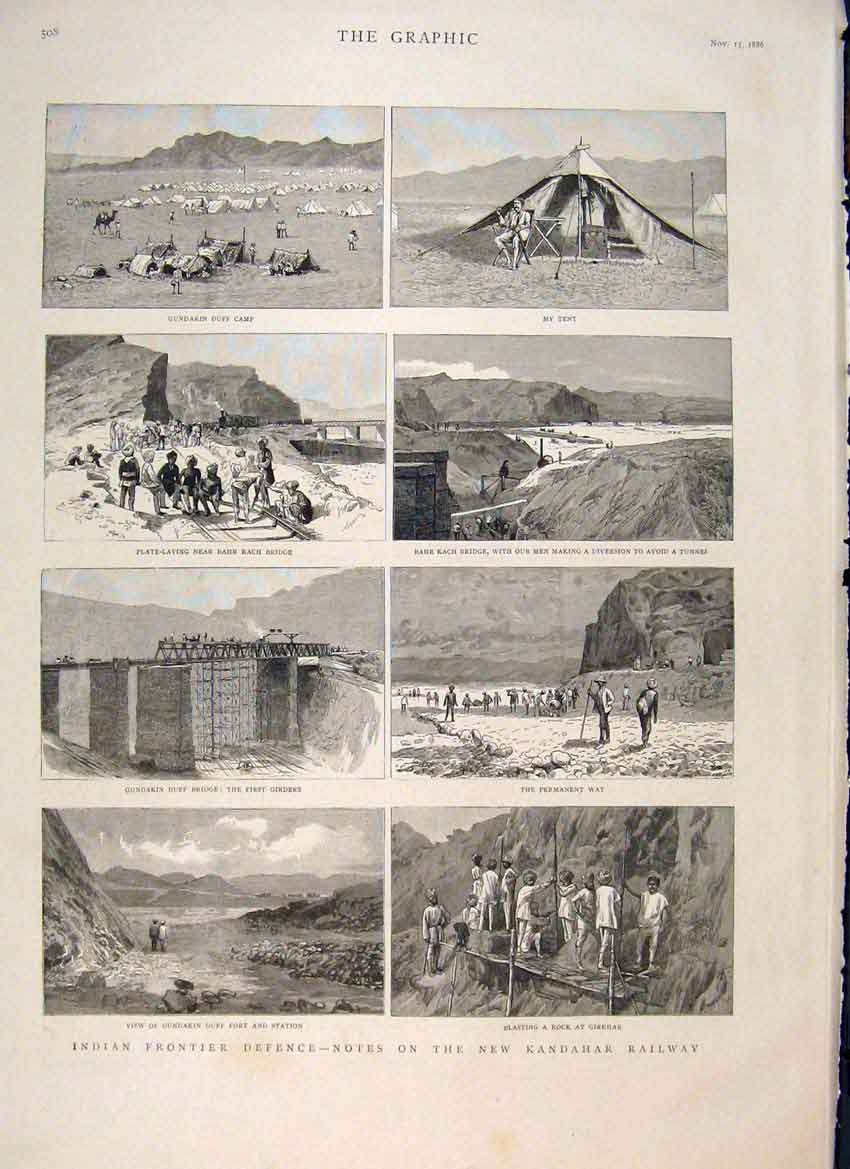Old Antique Print Indian Frontier Kandahar Railway Girkhar Gundakin 1887 19th