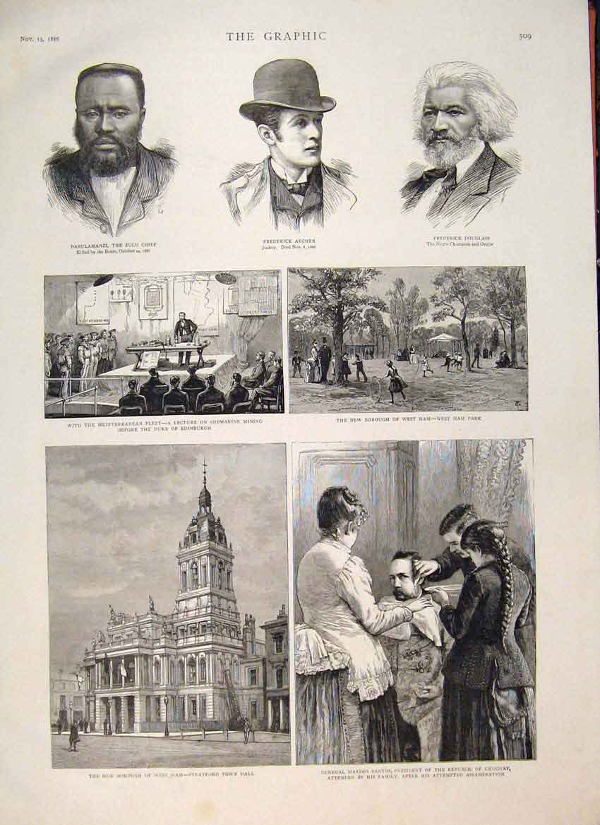 Original Old Antique Print Dabulamanzi Archer Douglas Submarine West Ham Santos