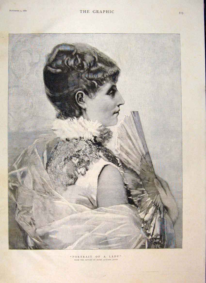 Original Old Antique Print Portrait Lady Henri Auguste Janet Fine Art 1887 19th