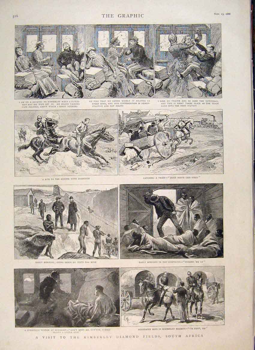 Original Old Antique Print Kimberley Diamond Fields South Africa Mine 1887 19th